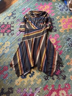 Gabby Skye Striped Asymmetrical Midi Dress in Navy, Rust, Mustard, Cream